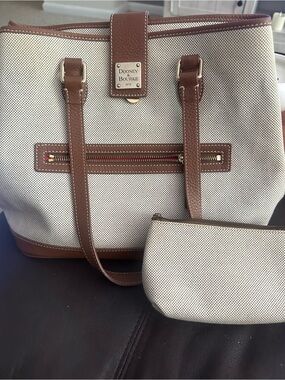 Dooney & Bourke Beige Canvas Satchel with Brown Leather Trim and Cosmetic Case